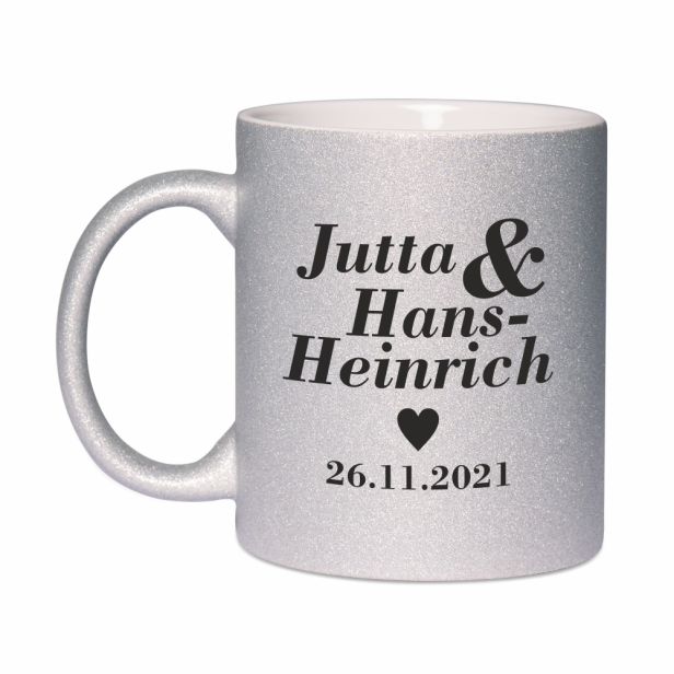 Silberne Tasse zur Silberhochzeit - personalisiert