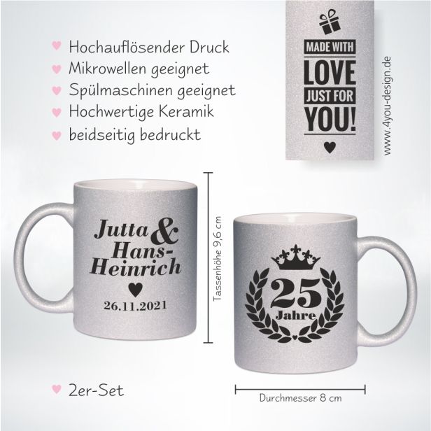 Silberne Tasse zur Silberhochzeit - personalisiert