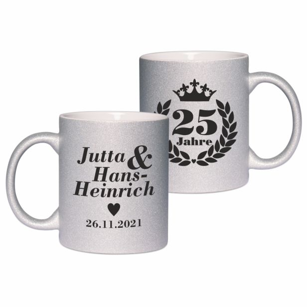 Silberne Tasse zur Silberhochzeit - personalisiert